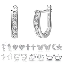 Рождественский подарок модные 925 пробы серебряные серьги-гвоздики в форме сердца крест Кошка Луна Звезда хрустальные серьги для женщин Свадебные ювелирные изделия