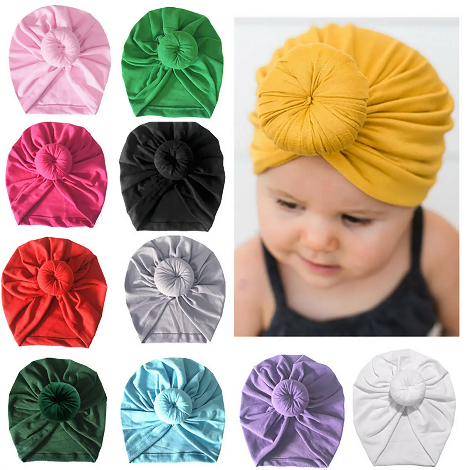 Infant Kids Newborn Baby Turban Knotted Head Wrap Headbands India Hats Beanie Cotton blend Hair Cap 