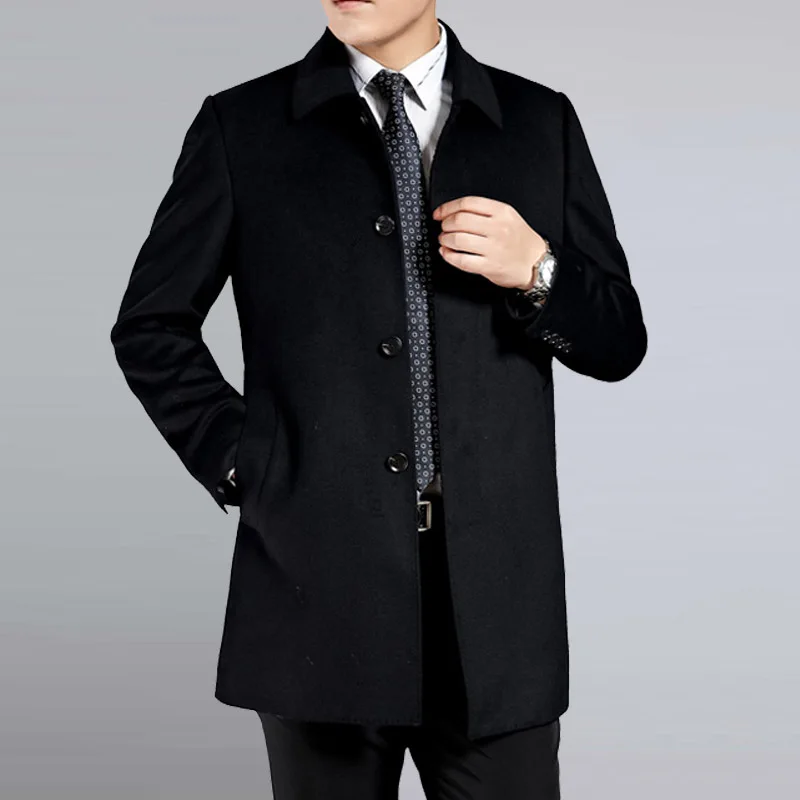 thick linin black New Autumn Winter Middle Age Men's Cashmere Coat Men Wool Trench Male Turn Down Collar Single Breasted Woolen Outerwear - Цвет: thick linin black