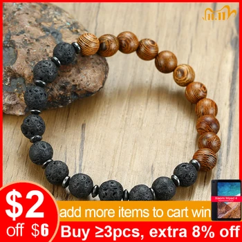 

Vnox Lava Wood Beaded Bracelet Gents Male Wristband with Wooden Beads Mens Jewelry Gift