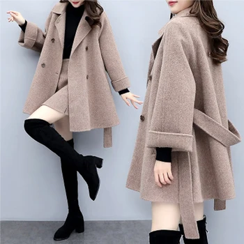 

Autumn Plus Size Loose Warm Wool Coat Set Lady Turn-down Collar Outwear Female Double Breasted Solid A-line Coats Suit