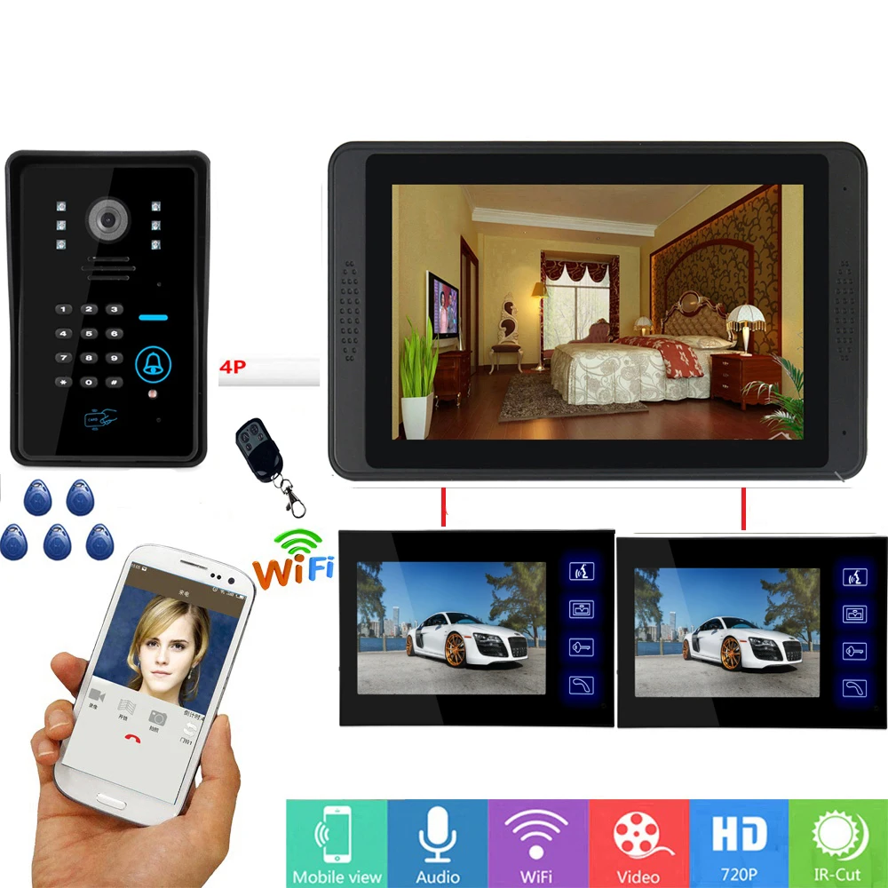 RFID Password Code Keypad 7 Inch LCD Wifi Wireless Video Door Phone Intercom kits IR Camera Video Door Bell