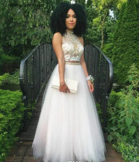 2k17 New Two Pieces Prom Dresses High Neck Lace Beaded Backless Crystals Tulle A-line Evening Party Gowns  128 (3)