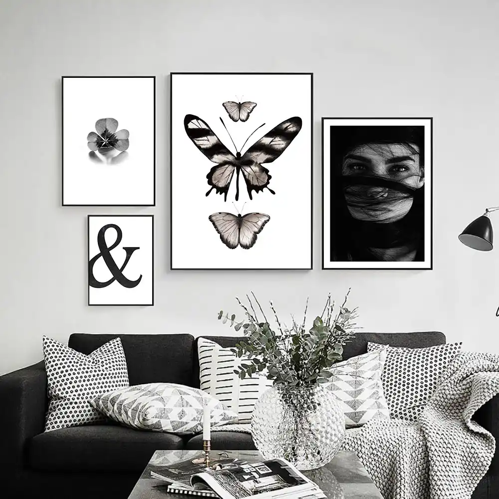 Black And White Butterfly Canvas Painting Poster Nordic Abstract