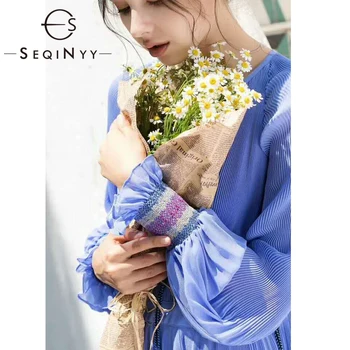 

SEQINYY Blue Pleated Midi Dress 2020 Spring Autumn New Fashion Design Women Tassel Lace up Bohemian Elegant Dress Runway