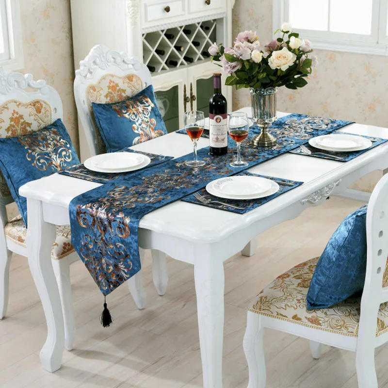 

Vintage Flocking Flower Table Runner with Tassel Flocked Flower Printed Cloth Fabric Table Cloth Cover Dinner Table Flag Home D