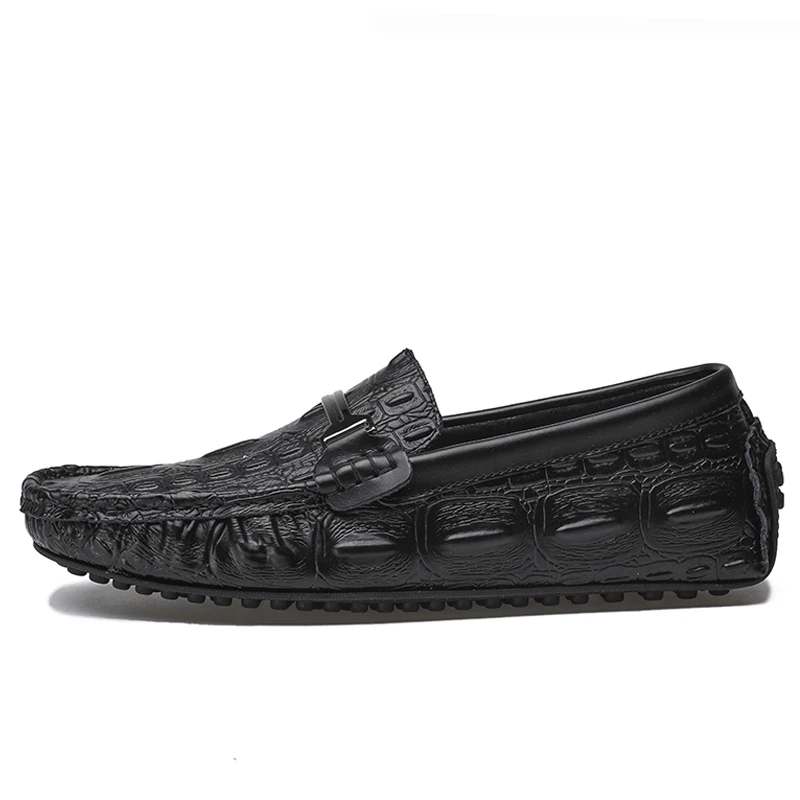 ALCUBIEREE Winter Men Crocodile Pattern Loafers Outdoor Non-slip Boat Shoes Men's Warm Moccasins with Fur Flats Driving Shoes - Цвет: Black