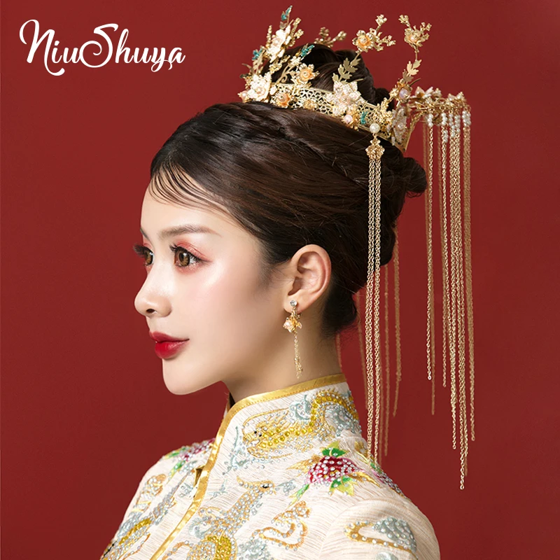 

NiuShuya Chinese Traditional Bridal Bride Gold Phoenix Long Tassels Red Tiaras Crown Headpiece Earrings Wedding Hair Accessories
