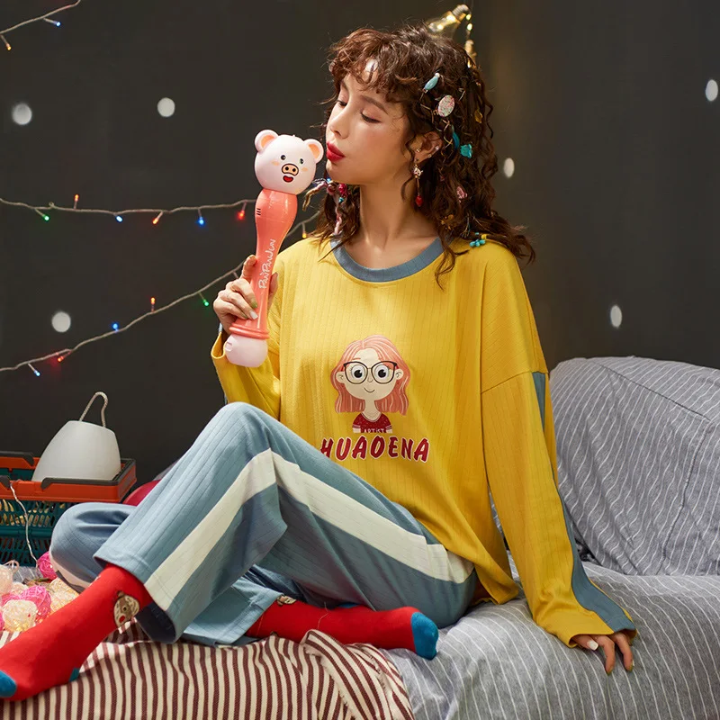 

66t05 Pajamas Women's Spring And Autumn Long Sleeve Cotton-Outer Wear Students Korean-style Cute Homewear Set