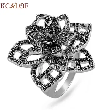 

KCALOE Titanium Gold Hollow Big Flowers Women Rings Top Quality Crystal Rhinestone Silver Plated Vintage Wedding Ring Bagues