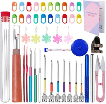 

LMDZ 43 Pcs Punch Needle Tool and Instructions - Punch Needle Seam Ripper, Threader and Thimble, Needle Punch Kits for Beginners
