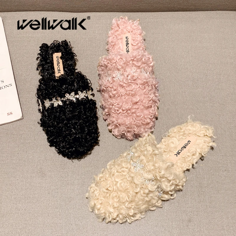 

Fur Slides Women Home Shoes Flats Rhinestone Flower Buckle Winter Loafers Female House Mules Gothic Style Ladies Plush Slippers