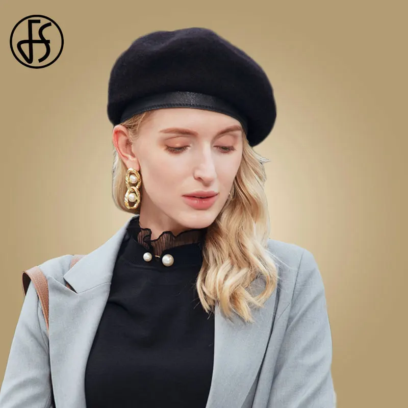FS Black Women Beret Hats French Artist Warm Wool Winter Beanie Hat