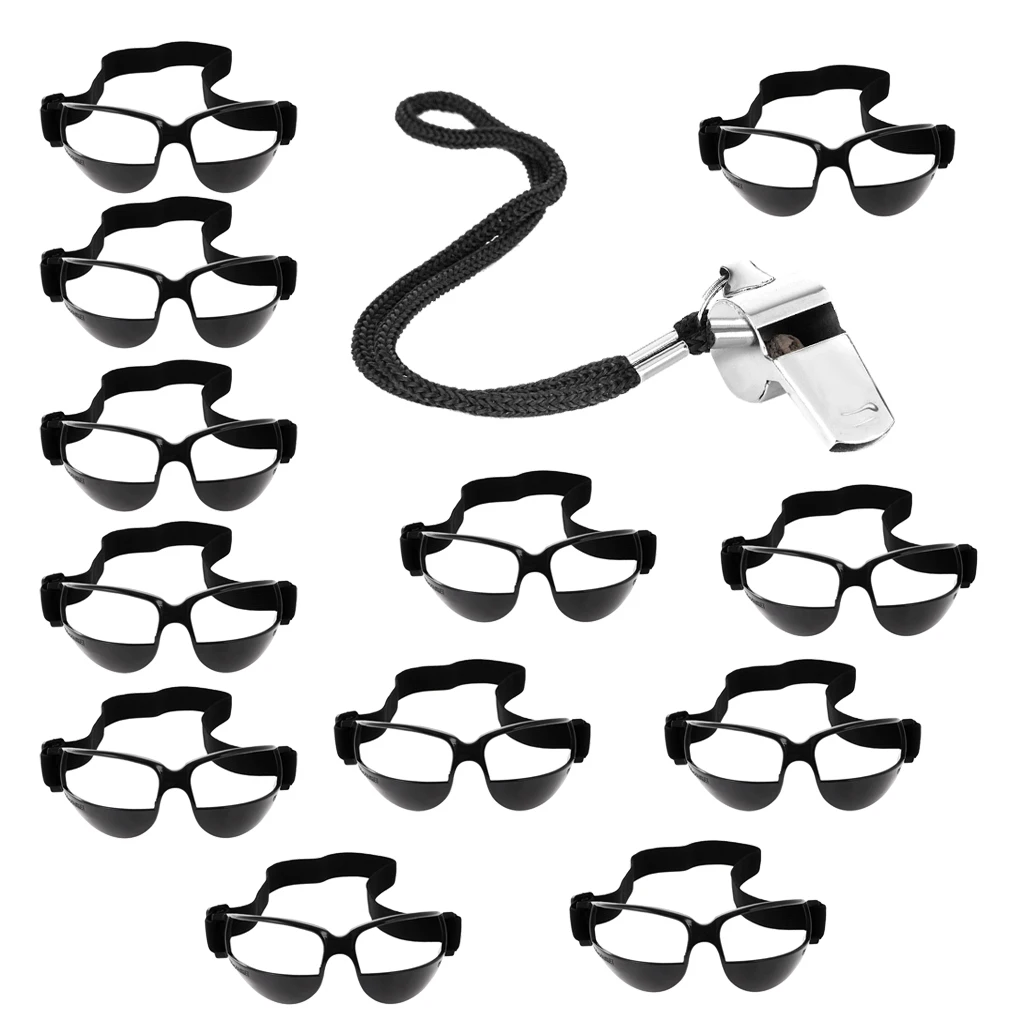 Pack 12 Adjustable Dribbling Glasses Goggles Dribble Specs + Safety Whistle Lanyard for Basketball Training Aid