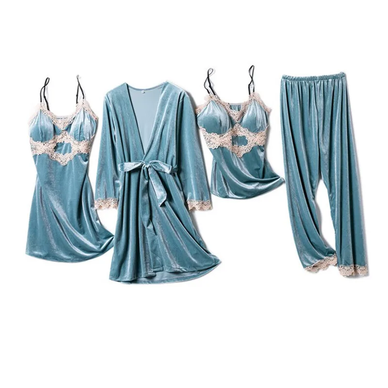 JULY'S SONG New Fashion Gold Velvet Women 4 Pieces Pajamas Set Sleepwear Warm Sexy Lace Pajamas Winter Nightdress Homewear