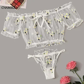 

CHAMSGEND Perspective Sexy Bra Lingerie Set Women Embroidery Lace Bowknot Strapless Thong Set Underwear Sleepwear Lingerie F615