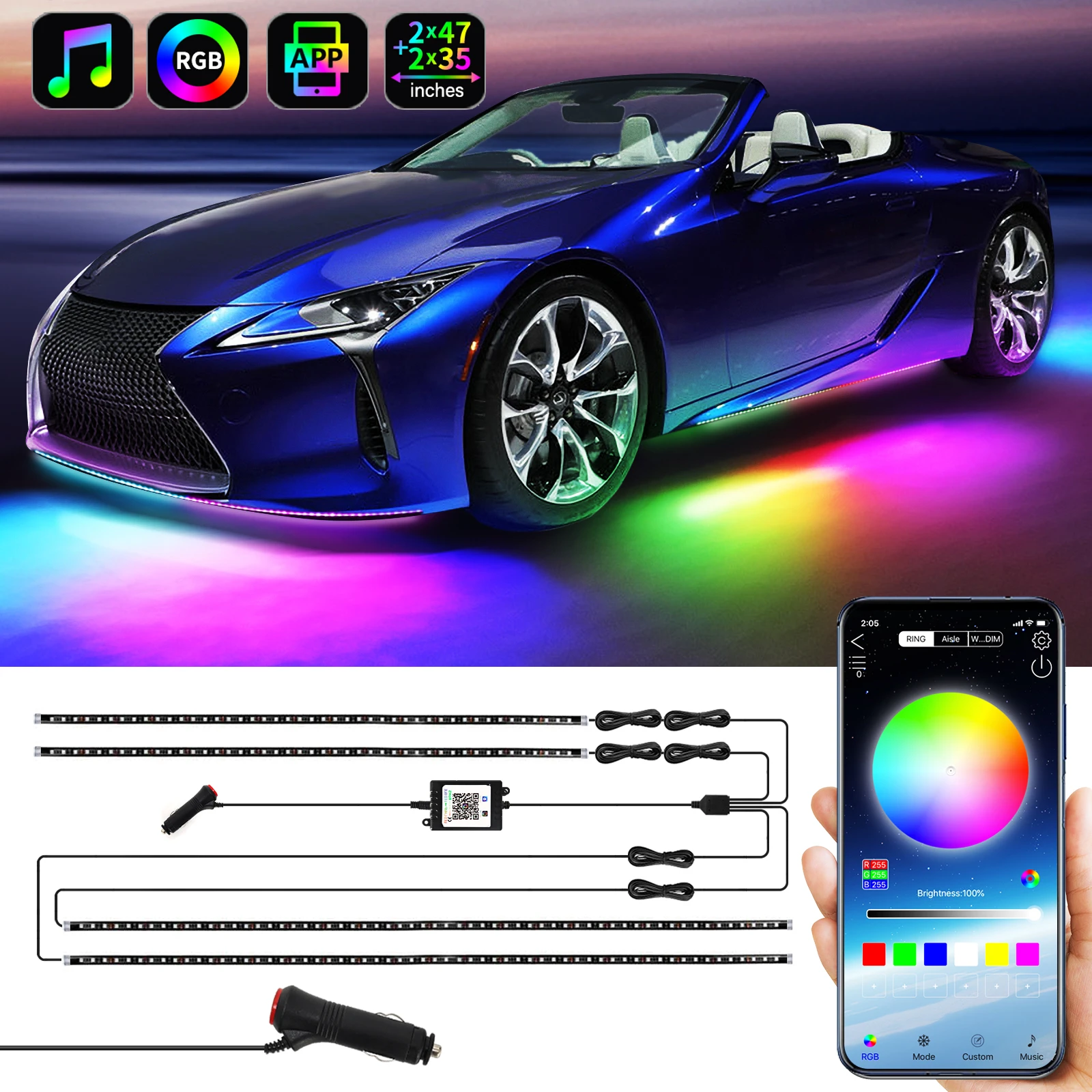 4style 12v Flowing Color Rgb Led Strip Under Car 90*120 Tube Underglow