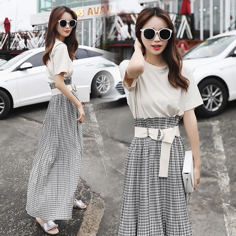 

Photo Shoot Simple Black And White Lattices Lace-up High-waisted Creased Skirt Two-Piece Set White Short Sleeve T-shirt Female S