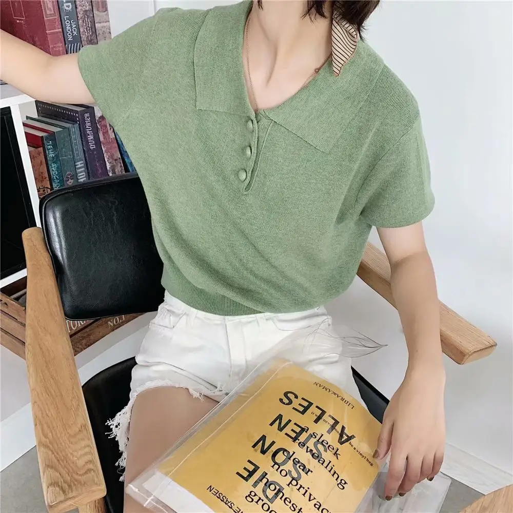 Женский вязаный свитер с коротким рукавом рубашка поло 4 цвета содержит шерсть