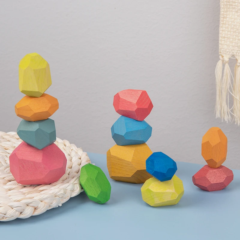Children Colored Stone Jenga Stacking Blocks Educational Toy Creative Nordic Style Rainbow Stone Wood Blocks Baby Wooden Toys