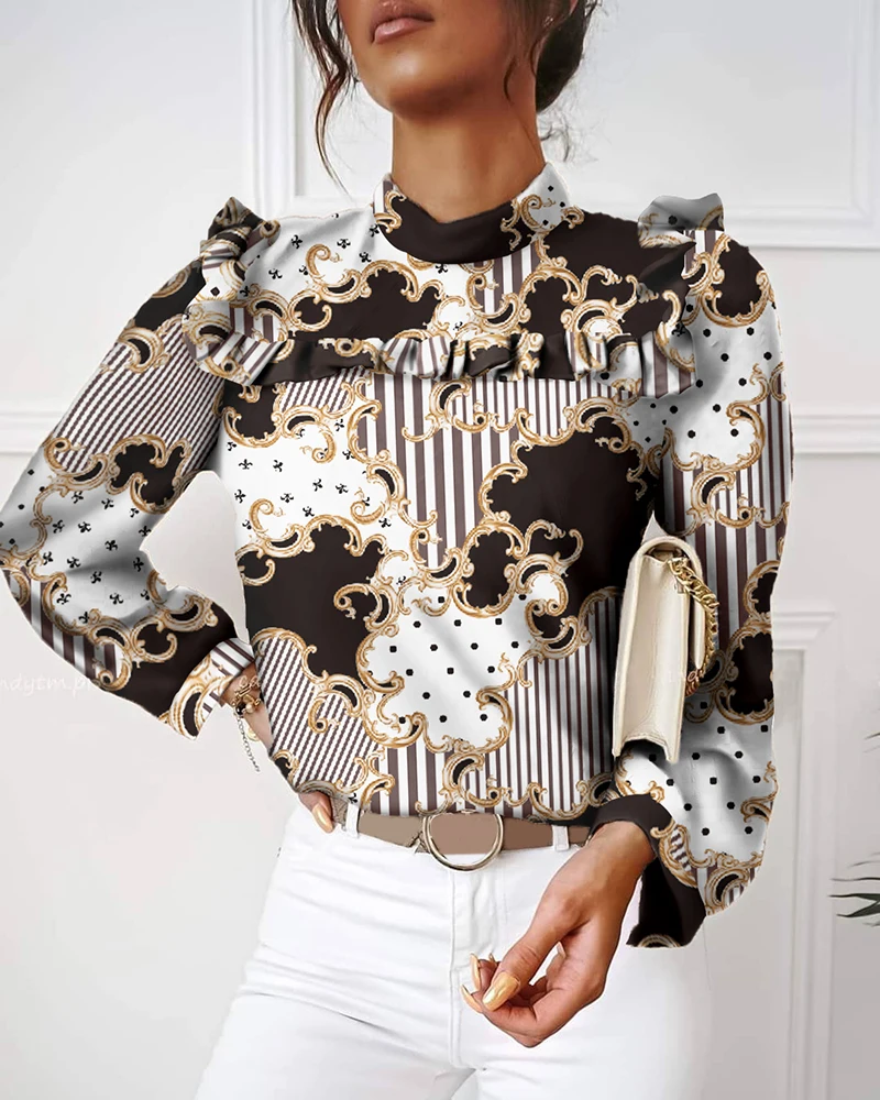 

2020 Spring Autumn Fashion Blouse Women High Neck OL Chic Solid Elegant Shirt Colorblock Frill Hem Hollow Out Long Sleeve Top