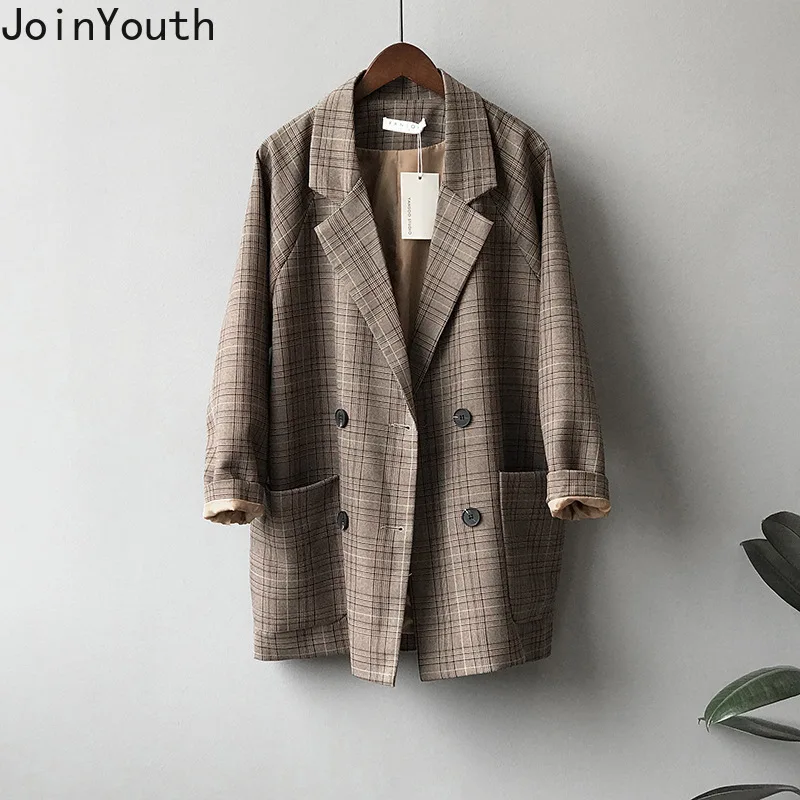 JoinYouth верхняя одежда клетчатый Длинный блейзер Осенняя Рабочая Мода Офисная Женская свободная куртка двубортный блейзер Feminino J010