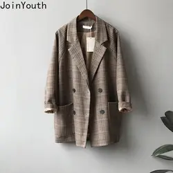 JoinYouth верхняя одежда клетчатый Длинный блейзер 2019 Осенняя Рабочая Мода Офисная Женская свободная куртка двубортный блейзер Feminino J010