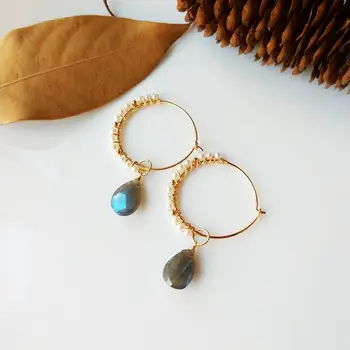 

LiiJi Unique Genuine Tear Shape Labradorite with Freshwater Hoop Earrings 925 Sterling Silver Gold Color Handmade Jewelry