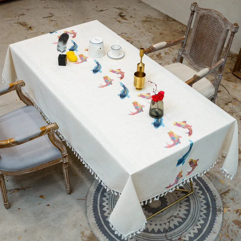Embroidery Decorative Linen Tablecloth With Tassel Waterproof Oilproof Rectangular Wedding Dining T
