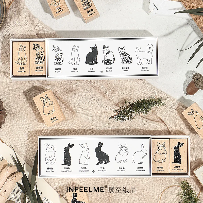 

6 pcs/pack Cat Rabbit Animal Atlas Series Wooden DIY Stamp Set Student Prize Promotional Gift Stationery