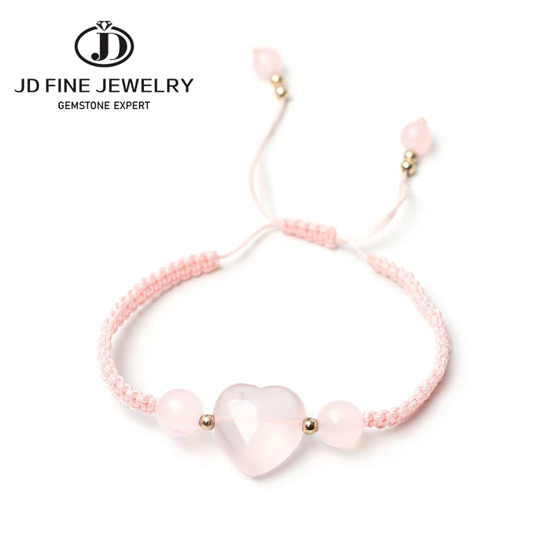 JD Natural Rose Quartz Heart Woven Bracelet Women Fashion Pink Crystal Yoga String Braided Lover Wrap Adjustable Stone Bangles black bangles