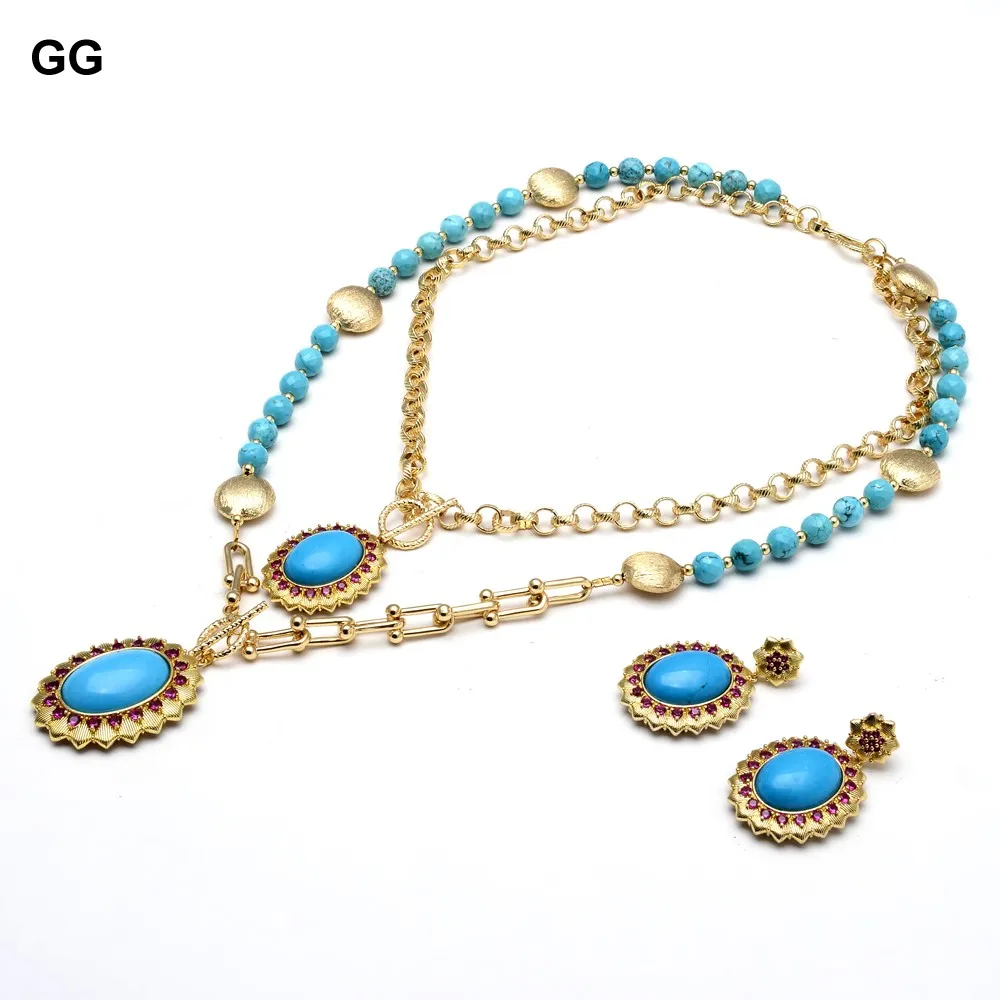 

GG Jewelry Blue Sea Sediment Jaspers Turquoises Pendant Chain Statement Necklace Earrings Set 18" For Women