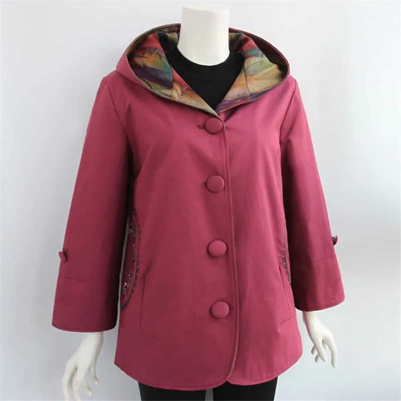 

Spring Autumn Middle Age Women Jacket Coat 5XL Casual Hooded Jacket Women Single-breasted Windbreaker