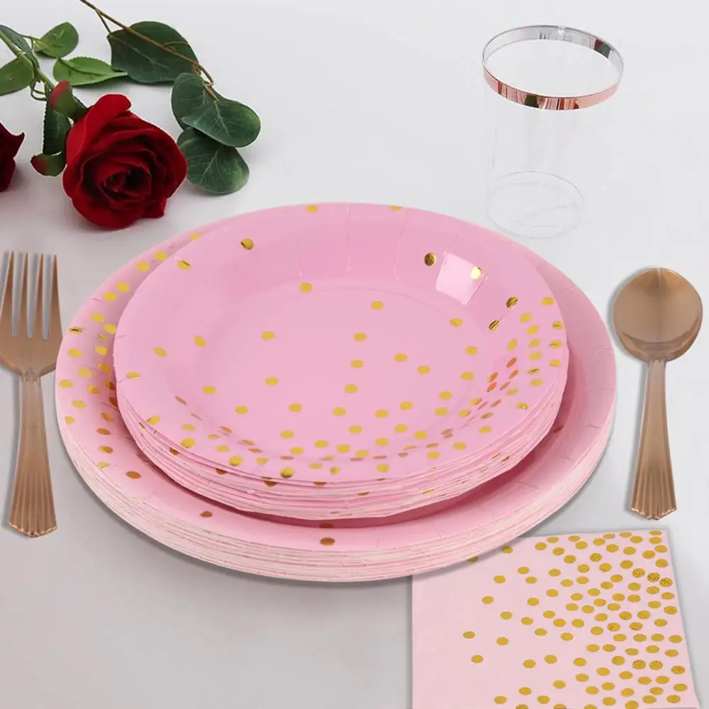 168 шт Розовое золото одноразовые наборы посуды одноразовые ножи и вилки чашки бумажные тарелки салфетки День Рождения украшения для взрослых