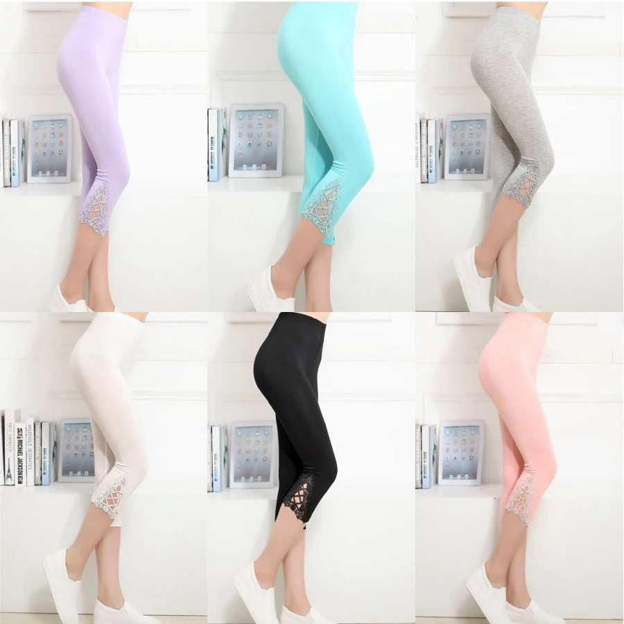 Casual Solid High Waist Crop Leggings Women 3/4 Length Short Capri Cropped Lace Summer Modal Pants Trousers Casual Solid High Waist Crop Leggings Women 3/4 Length Short Capri Cropped Lace Summer Modal Pants Trousers