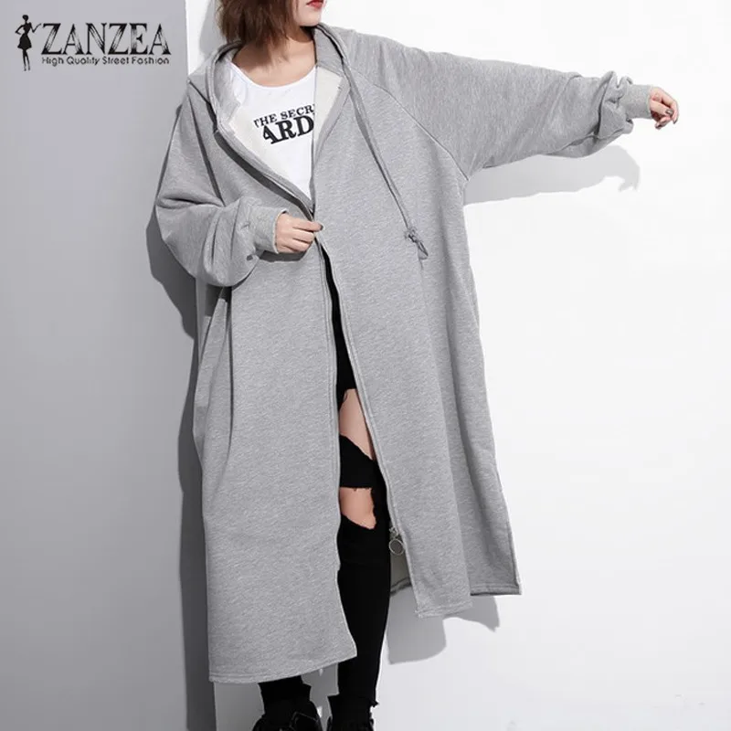 S 5XL ZANZEA, женские повседневные длинные пальто,, зимние одноцветные толстовки, сплит куртки, осенние с капюшоном, на молнии, с длинным рукавом, женская верхняя одежда