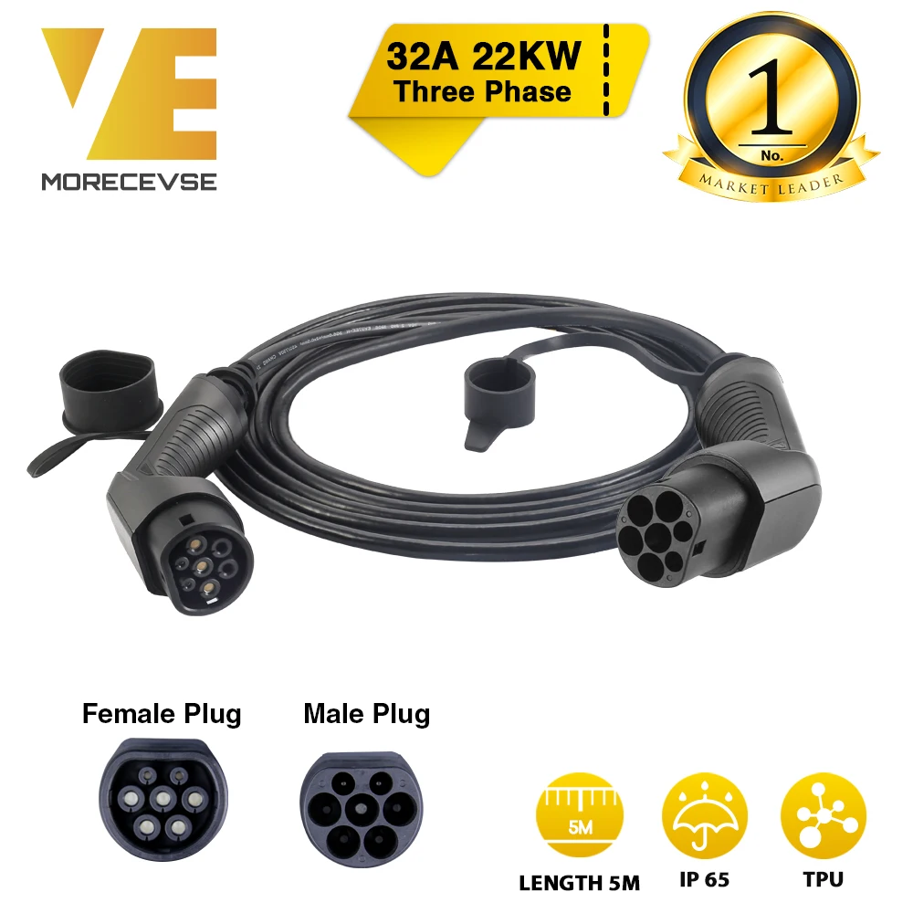 US $143.99 Morec EV Charging Cable 32A 22KW Three Phase Electric Vehicle Cord For Car Charger Station Type 2 Female To Male Plug IEC 62196