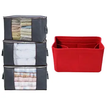 

1 Pcs Red Home Storage Bag Felt Insert Bag Makeup Storage & 3 Pcs Grey Large Capacity Clothes Storage Bag