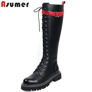 

Asumer 2020 Newest knee high boots women genuine leather mixed colors autumn winter low heels punk shoes woman Motorcycle boots