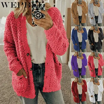 

WEPBEL Women Winter Fashion Loose Long Sleeve Solid Color Plush Cardigan Sweater Coat Tops Button Casual Outwear S-5XL