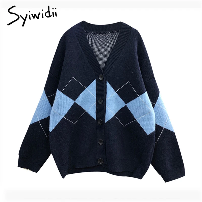 Syiwidii Preppy Style Oversized Vintage Cardigan Loose Argyle Sweater Fall Winter Korean Fashion V Neck Jacket School Girl Coats |