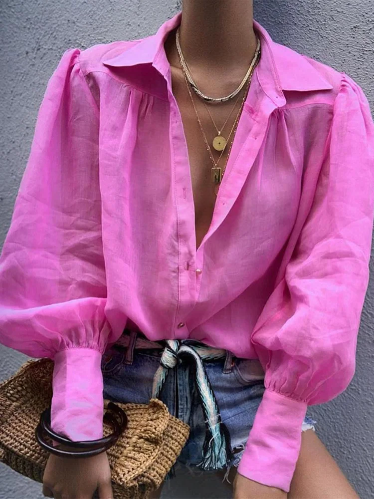 

2020 Autumn Women Elegant OL Office Leisure Blouse Female Colorful Basic Top Solid Lantern Sleeve Casual Shirt