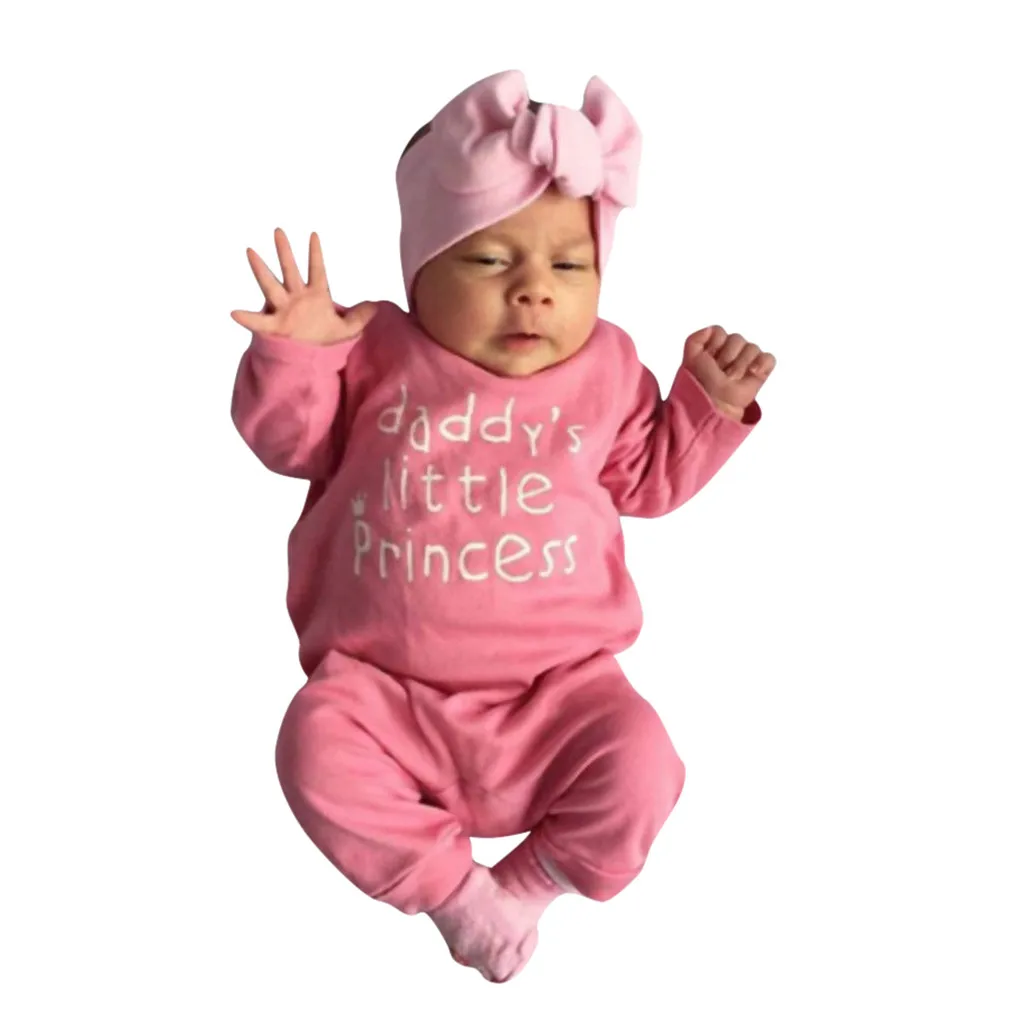 Одежда для новорожденных девочек с надписью Детский комбинезон с повязкой-бантом, комплект одежды, хлопковая удобная одежда для новорожденных 0-2 лет
