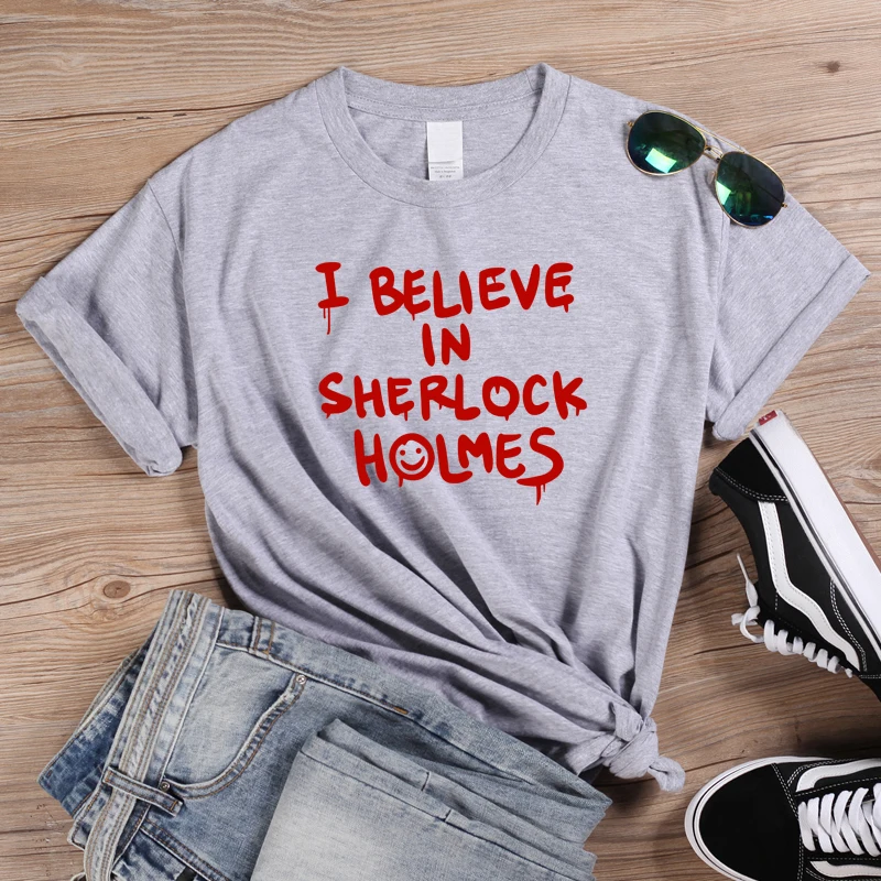 ONSEME/футболки в стиле панк с буквенным принтом, футболка с надписью «I Believe In Sherlock Holmes», женские футболки в стиле Харадзюку, топы на Хэллоуин