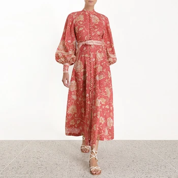 

HAMALIEL Runway Designer Women Stand Collar Long Dress Autumn Floral Print Full Lantern Sleeve Lady Elegant Party Belt Vestidos