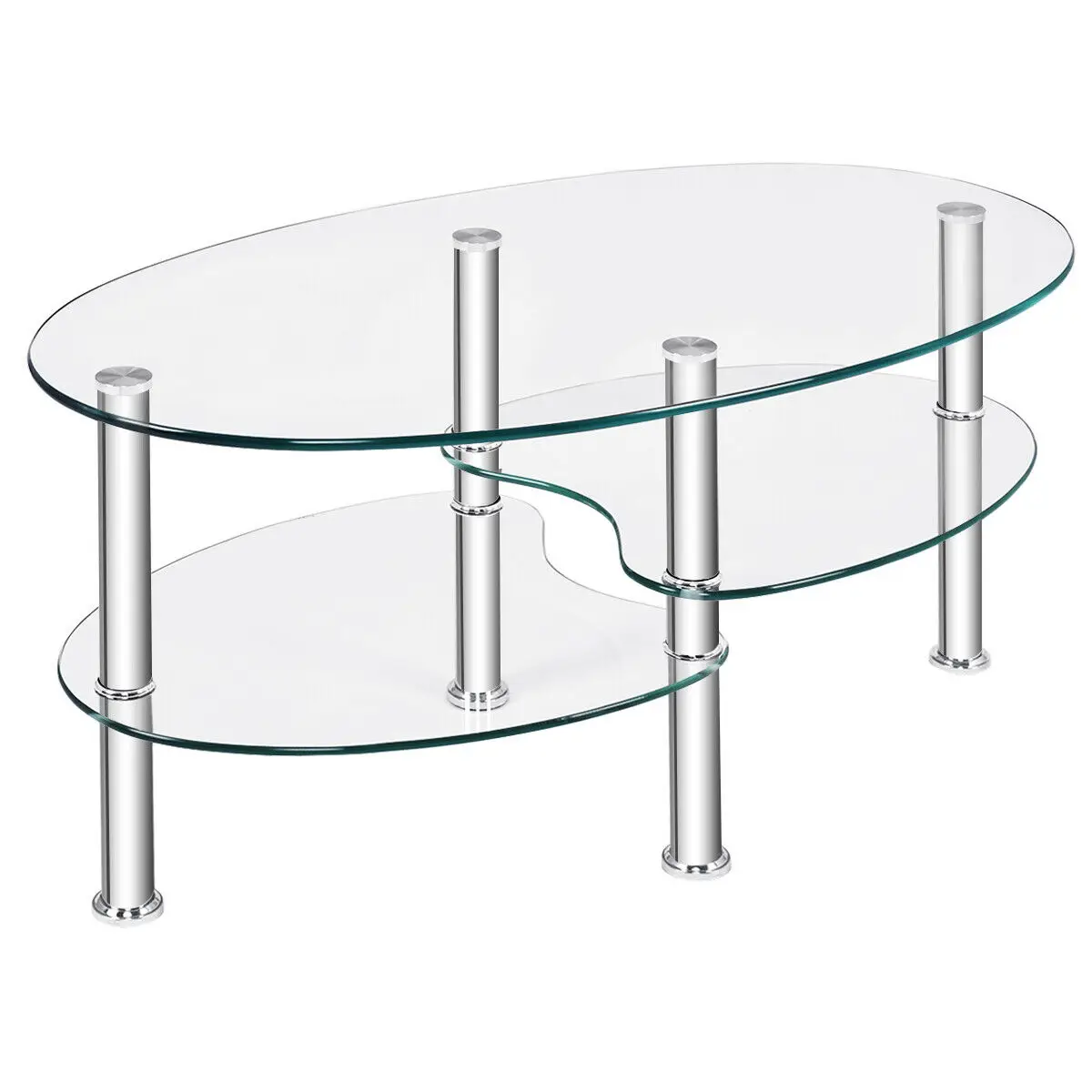 

Costway Tempered Glass Oval Side Coffee Table Shelf Chrome Base Living Room Clear
