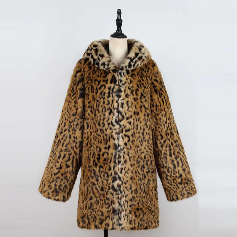 Леопардовое пальто из искусственного меха, зимняя длинная куртка с капюшоном, пальто chaqueta mujer manteau femme, модная женская уличная верхняя одежда - Цвет: Leopard