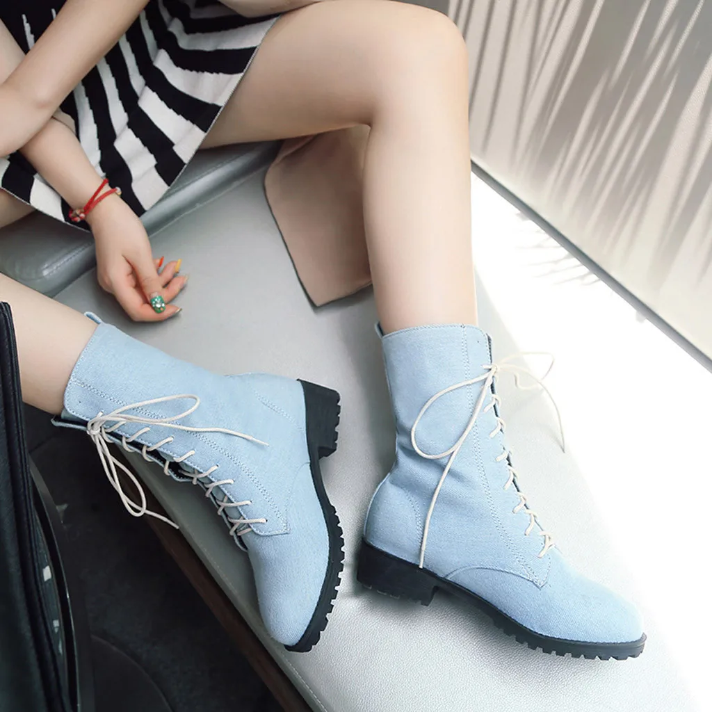 Обувь на высоком каблуке женские зимние ботинки из джинсовой ткани теплые женские Ботинки martin на осень и зиму женские зимние ботинки обувь с круглым носком#725