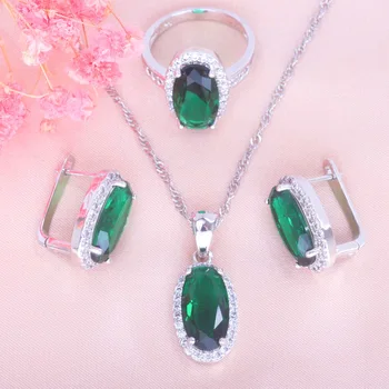 

Exquisite Green Crystal Silver Color Jewelry Sets For Women Best Gift Cubic Zirconia Pendant Earrings Ring Necklace Set JS0169