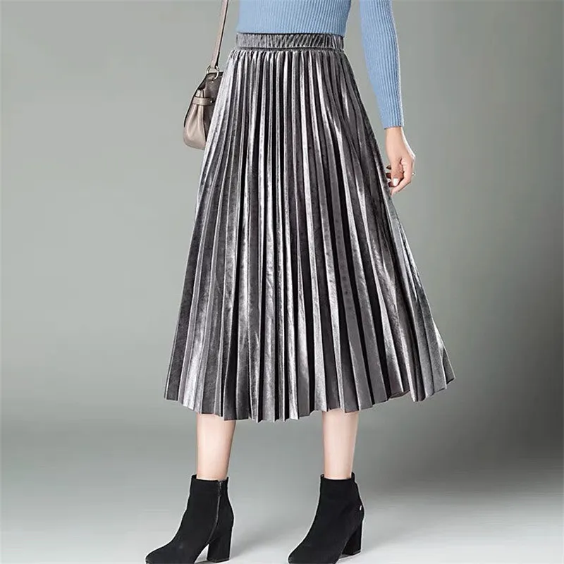 RuiLee Chic office Elegant Women Long Metallic Silver Maxi Pleated Skirt Midi Skirt High Waist Elascity Casual Party